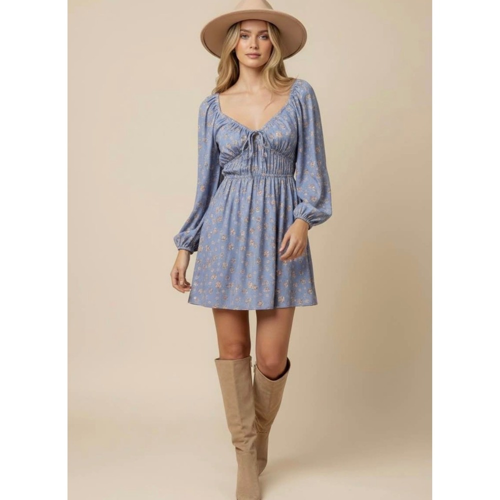 Blue Floral Mini Dress Size XL Cottagecore Bohemian Long Sleeve Dress
